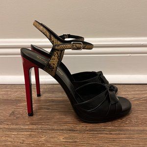 Saint Laurent Jane 105 Bow Sandal Genuine Python Rock and Black Tripon Leather